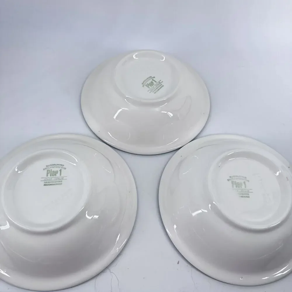 Pier 1 Green Coral Rust Bands Bowls SET OF 3 Hand Painted ITALY